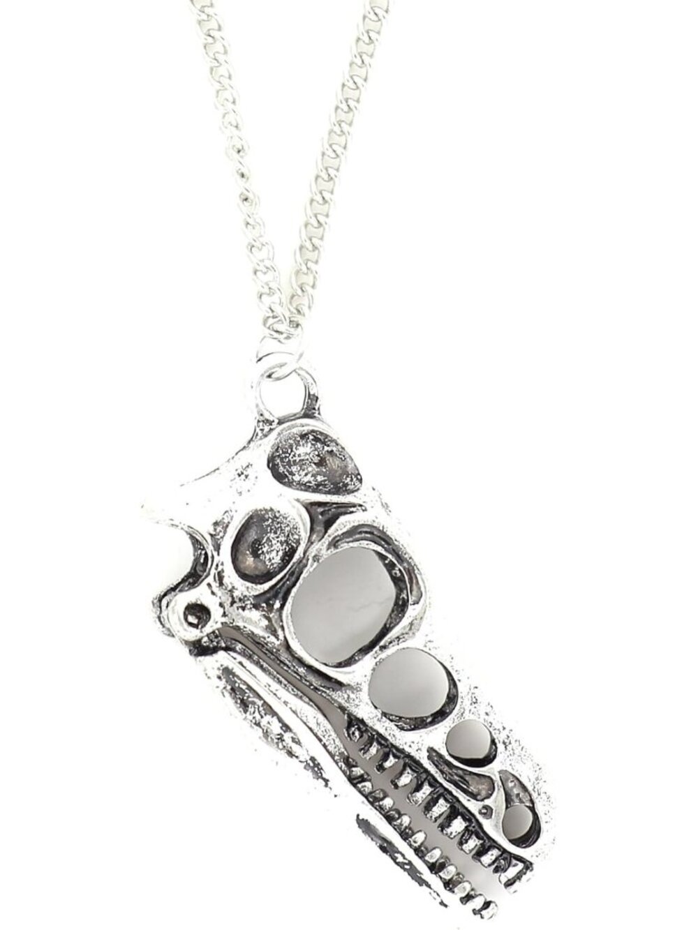 Dinosaur Skull Fossil Necklace | Silver Tone Skeleton Statement Jewelry